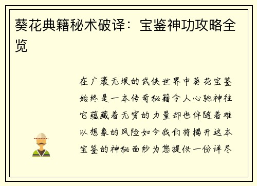 葵花典籍秘术破译：宝鉴神功攻略全览